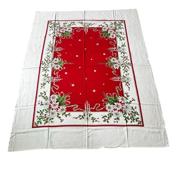 Vintage 50's Christmas tablecloth flaws stains holes cutter cloth for crafts? - Picture 2 of 12